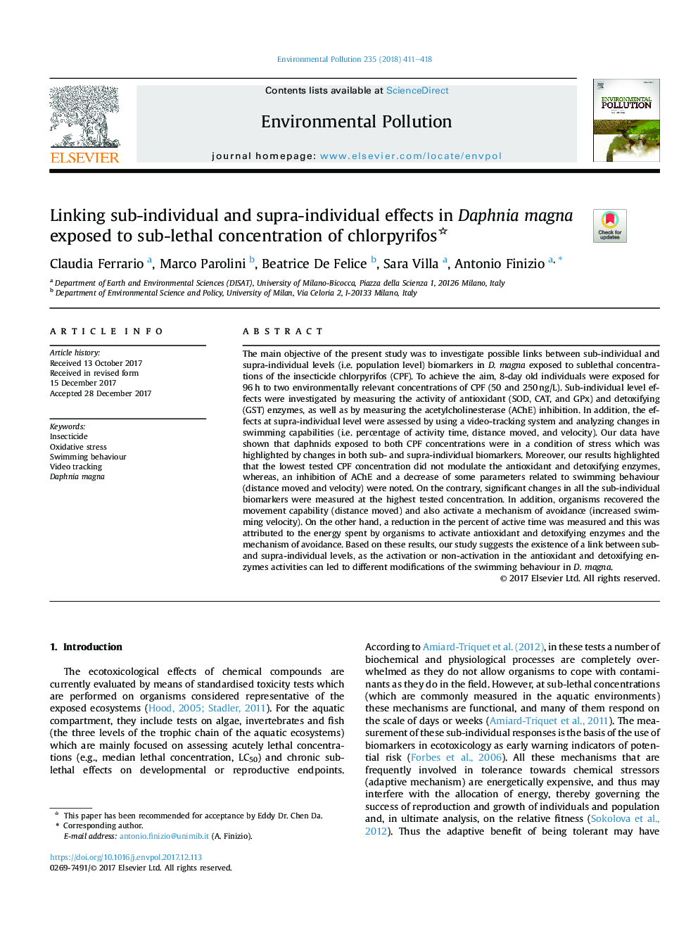 Linking sub-individual and supra-individual effects in Daphnia magna exposed to sub-lethal concentration of chlorpyrifos