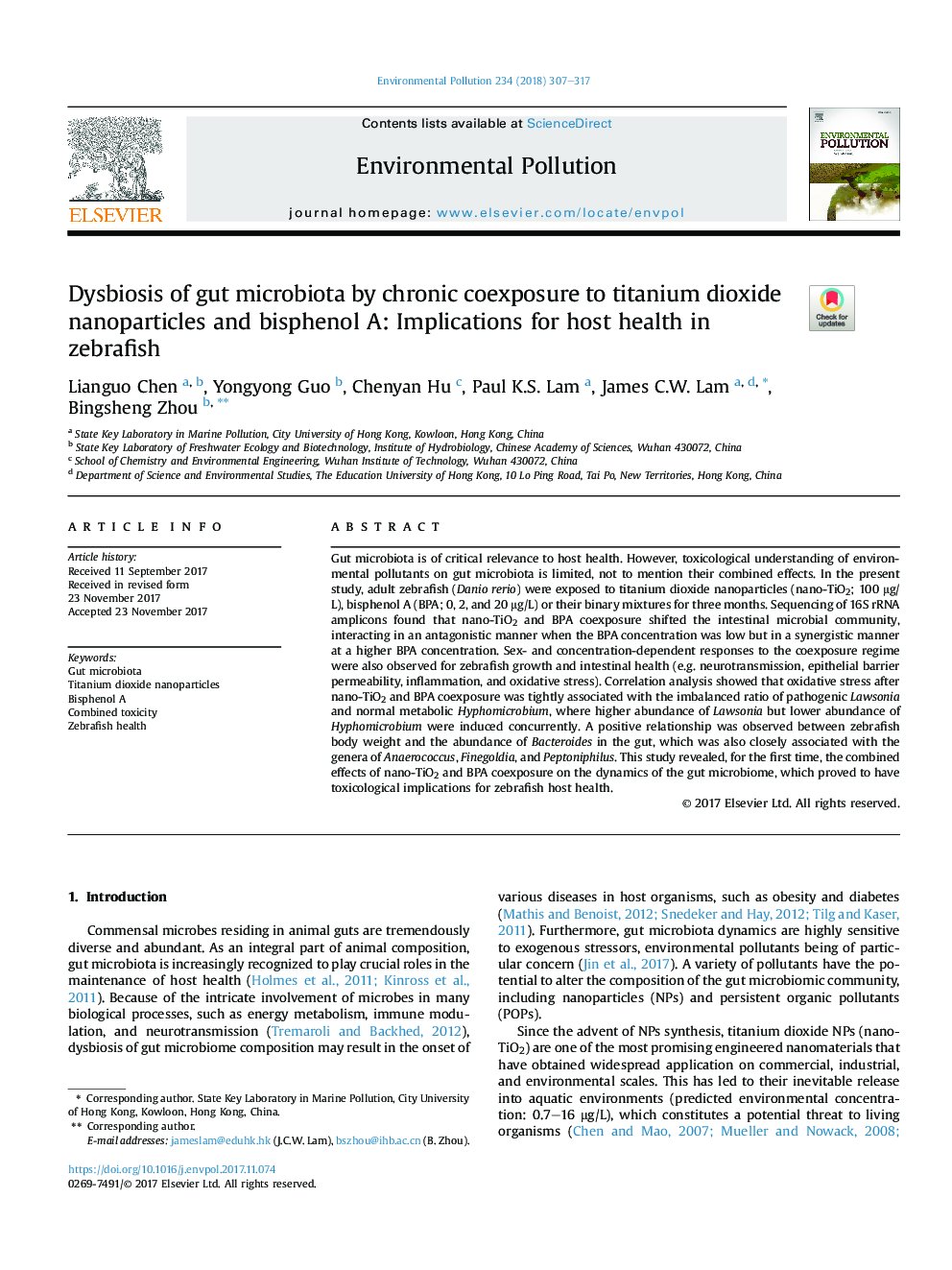 Dysbiosis of gut microbiota by chronic coexposure to titanium dioxide nanoparticles and bisphenol A: Implications for host health in zebrafish