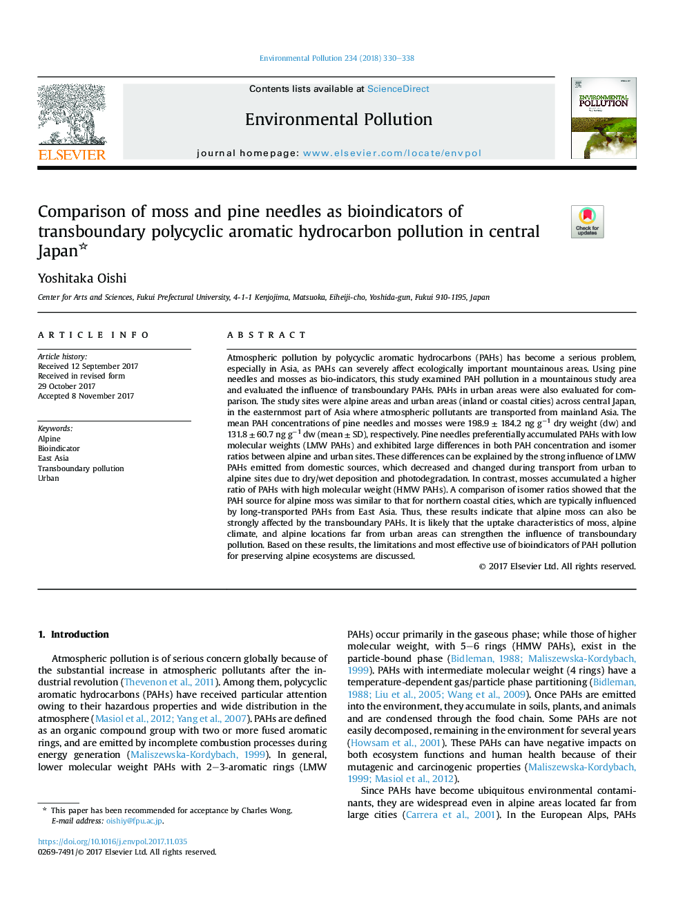 مقایسه قارچ و سوزن کاج به عنوان نشانگرهای زیست محیطی آلودگی هیدروکربنی آروماتیک چندسانی مرزی در مرکزی ژاپن 