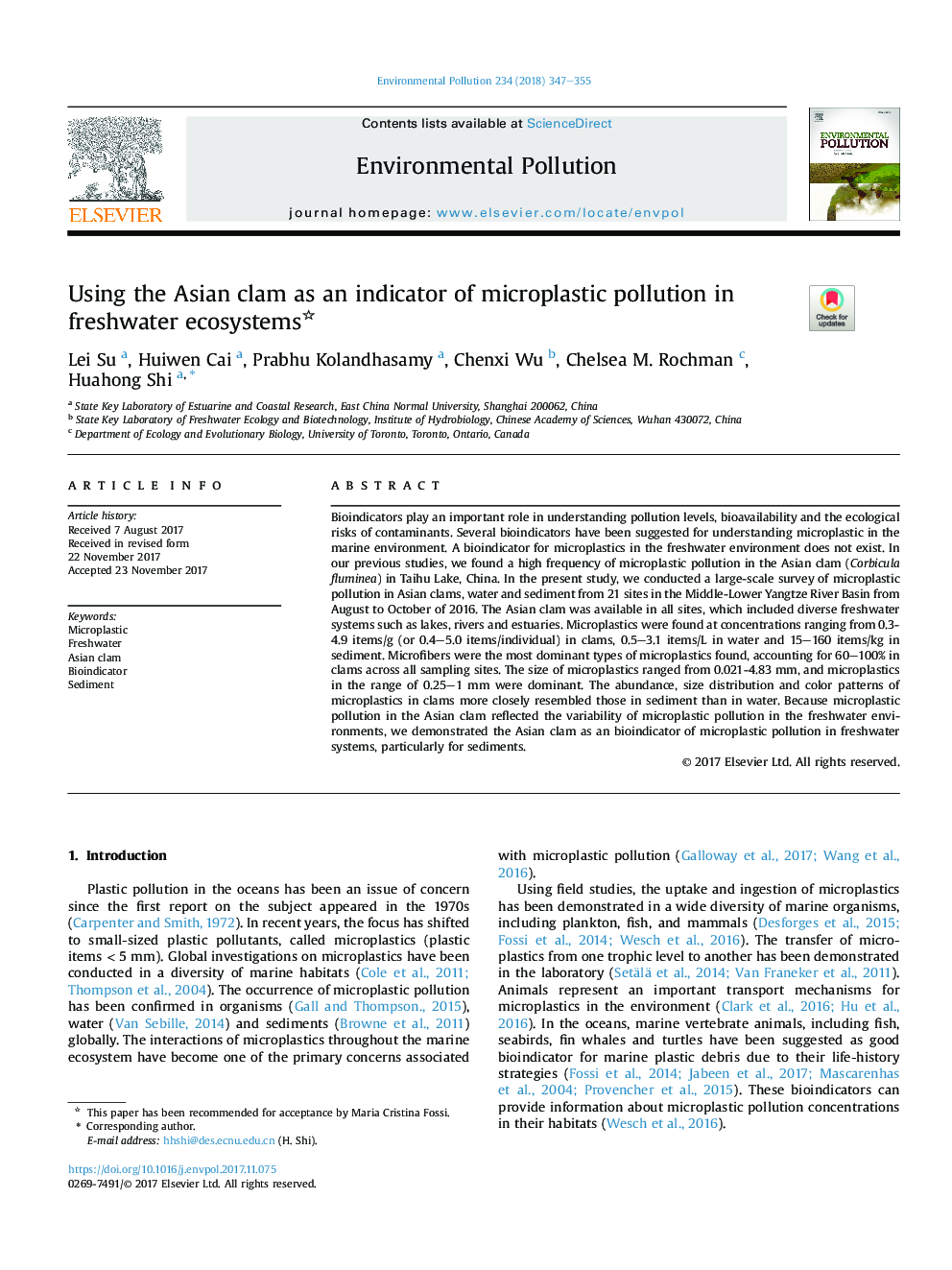 Using the Asian clam as an indicator of microplastic pollution in freshwater ecosystems