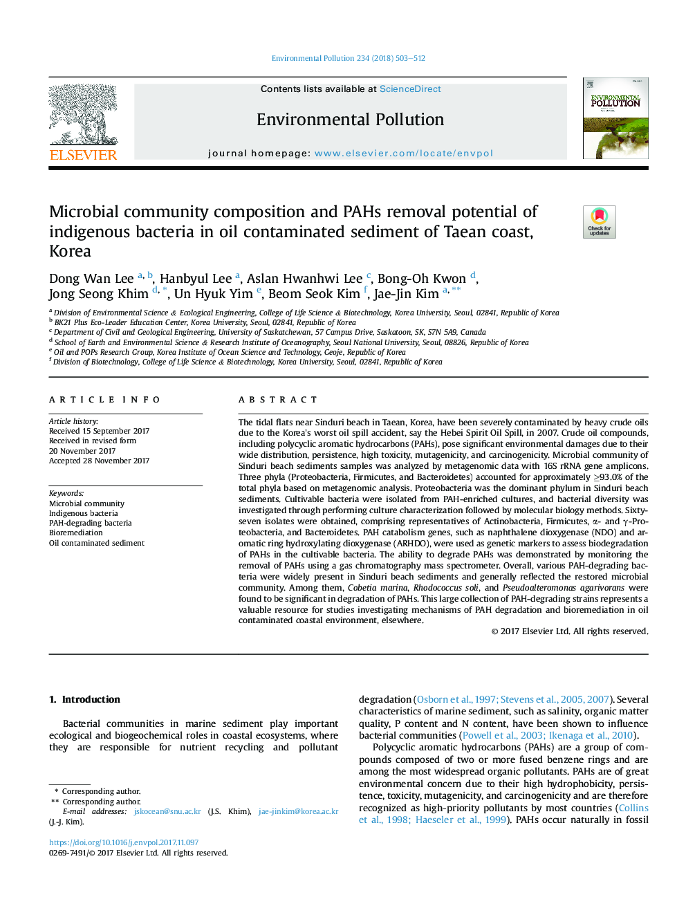 Microbial community composition and PAHs removal potential of indigenous bacteria in oil contaminated sediment of Taean coast, Korea