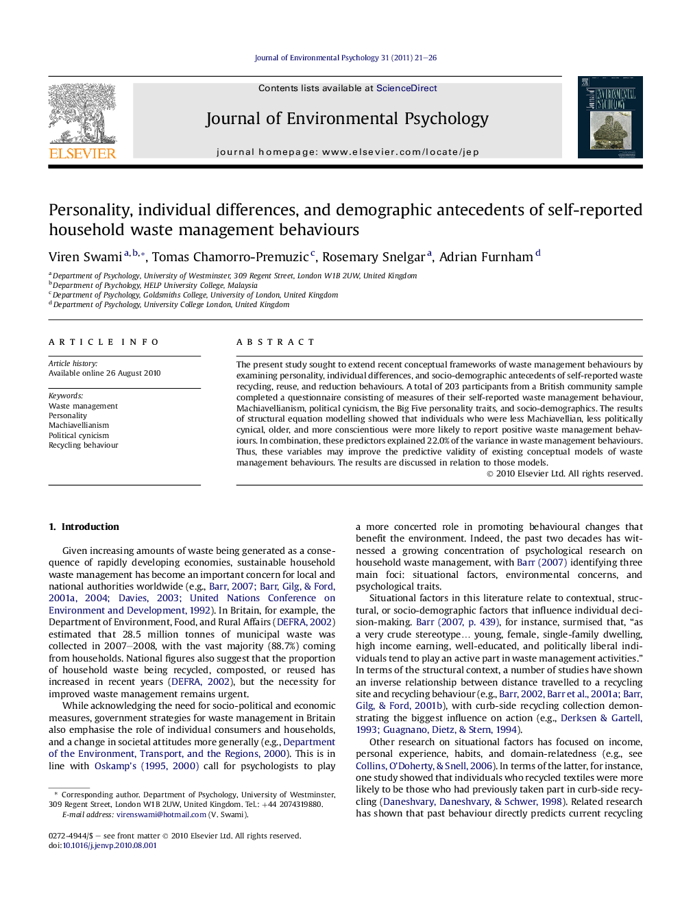 Personality, individual differences, and demographic antecedents of self-reported household waste management behaviours