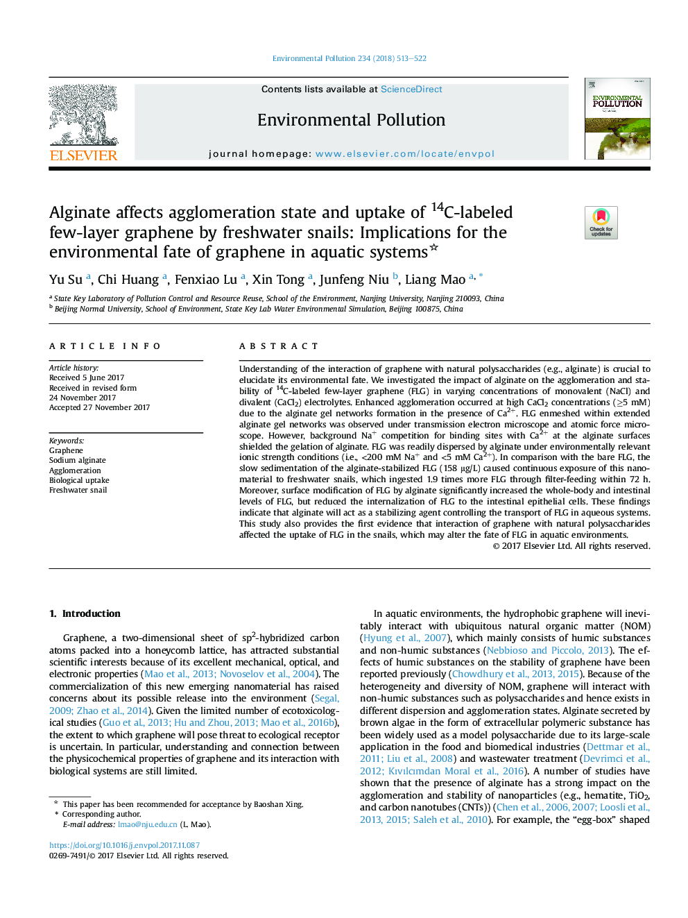 Alginate affects agglomeration state and uptake of 14C-labeled few-layer graphene by freshwater snails: Implications for the environmental fate of graphene in aquatic systems