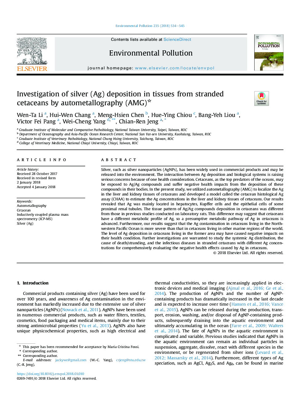 Investigation of silver (Ag) deposition in tissues from stranded cetaceans by autometallography (AMG)