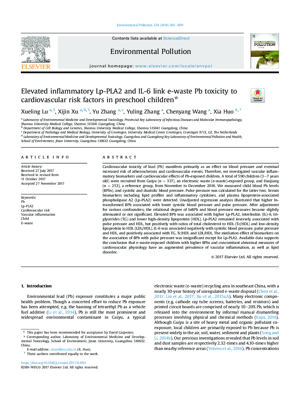 Elevated inflammatory Lp-PLA2 and IL-6 link e-waste Pb toxicity to cardiovascular risk factors in preschool children