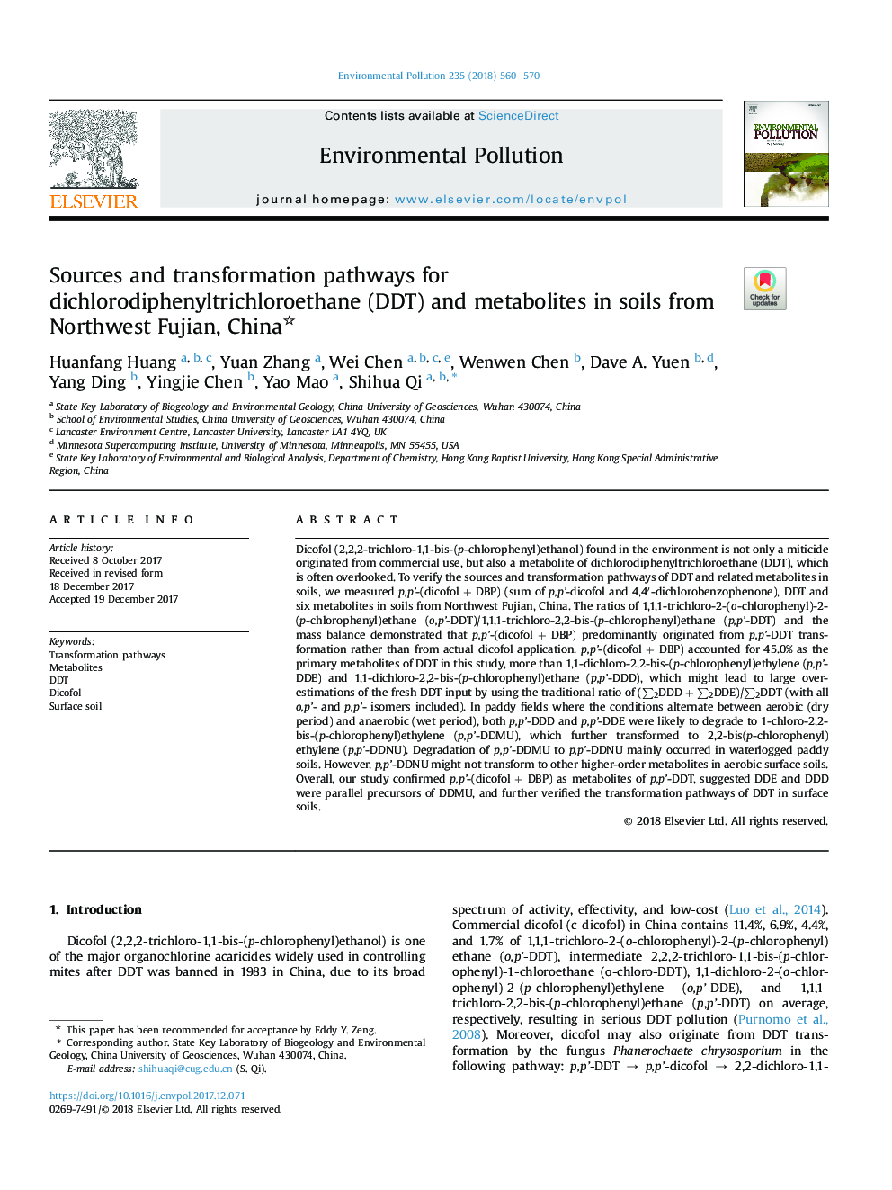 Sources and transformation pathways for dichlorodiphenyltrichloroethane (DDT) and metabolites in soils from Northwest Fujian, China