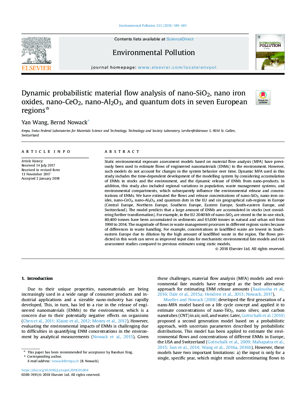 Dynamic probabilistic material flow analysis of nano-SiO2, nano iron oxides, nano-CeO2, nano-Al2O3, and quantum dots in seven European regions