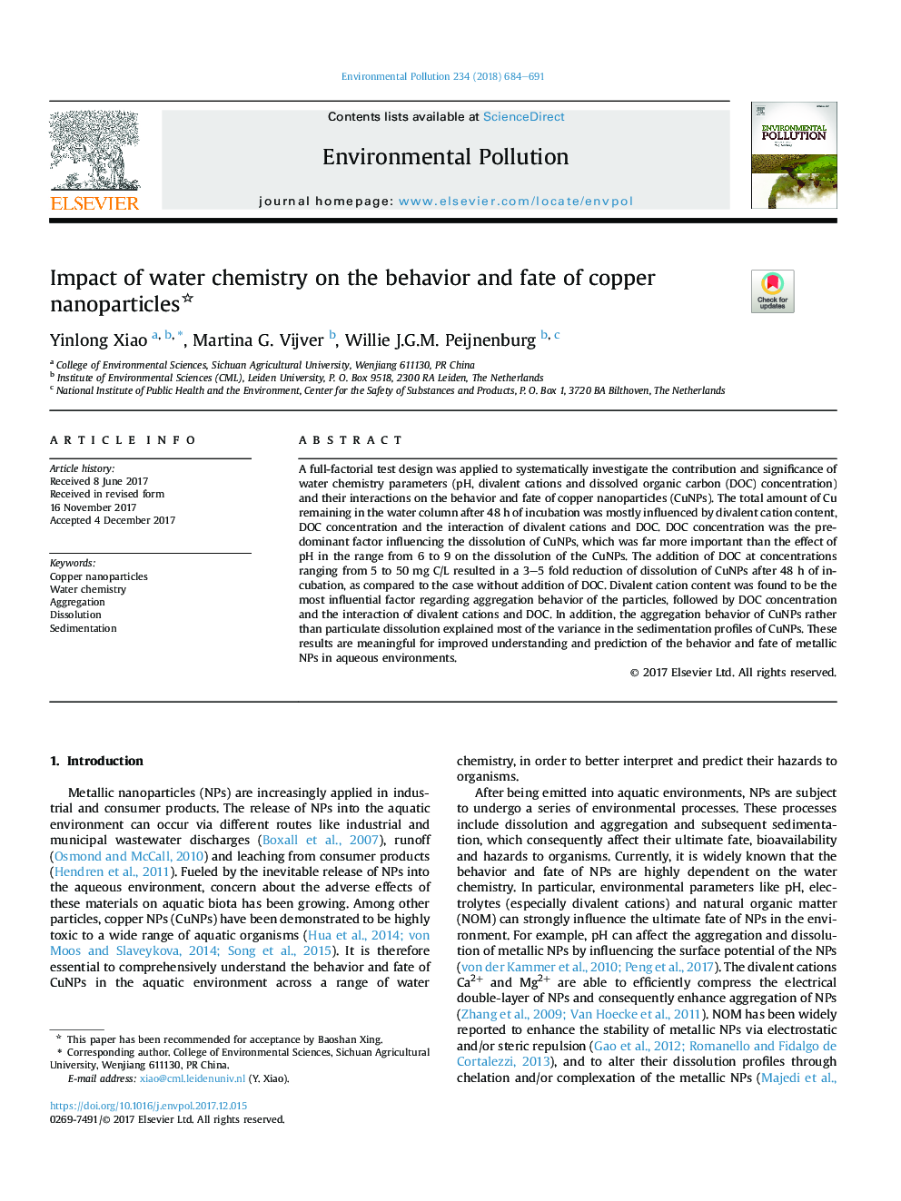 Impact of water chemistry on the behavior and fate of copper nanoparticles