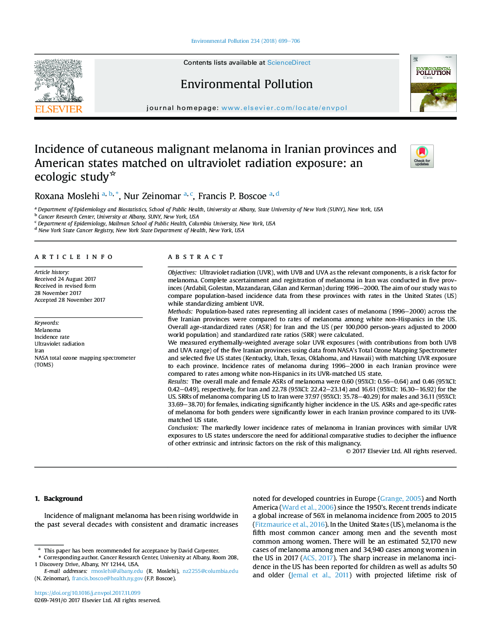 Incidence of cutaneous malignant melanoma in Iranian provinces and American states matched on ultraviolet radiation exposure: an ecologic study