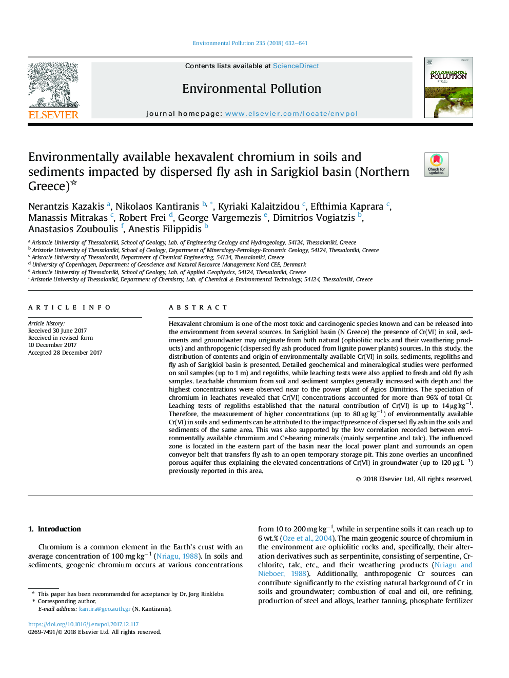 Environmentally available hexavalent chromium in soils and sediments impacted by dispersed fly ash in Sarigkiol basin (Northern Greece)