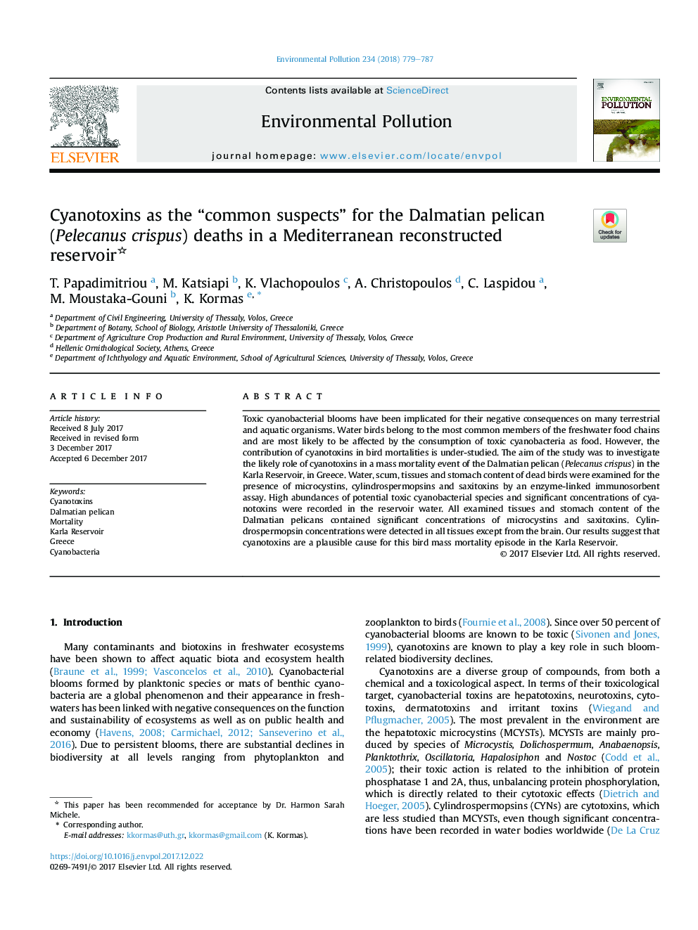 Cyanotoxins as the “common suspects” for the Dalmatian pelican (Pelecanus crispus) deaths in a Mediterranean reconstructed reservoir