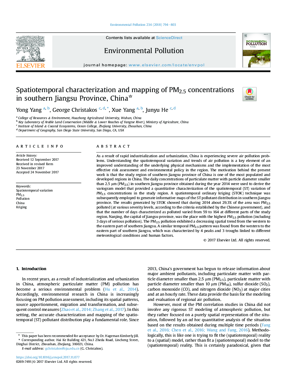 Spatiotemporal characterization and mapping of PM2.5 concentrations in southern Jiangsu Province, China