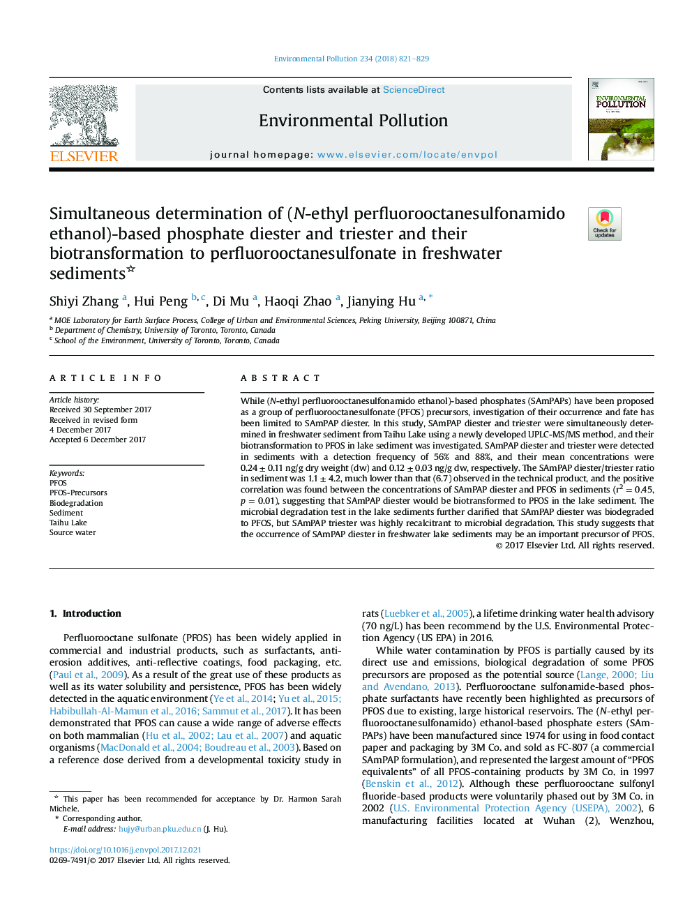 Simultaneous determination of (N-ethyl perfluorooctanesulfonamido ethanol)-based phosphate diester and triester and their biotransformation to perfluorooctanesulfonate in freshwater sediments