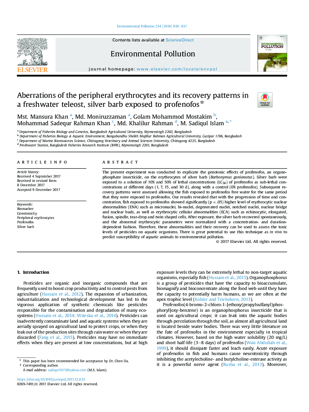 Aberrations of the peripheral erythrocytes and its recovery patterns in a freshwater teleost, silver barb exposed to profenofos