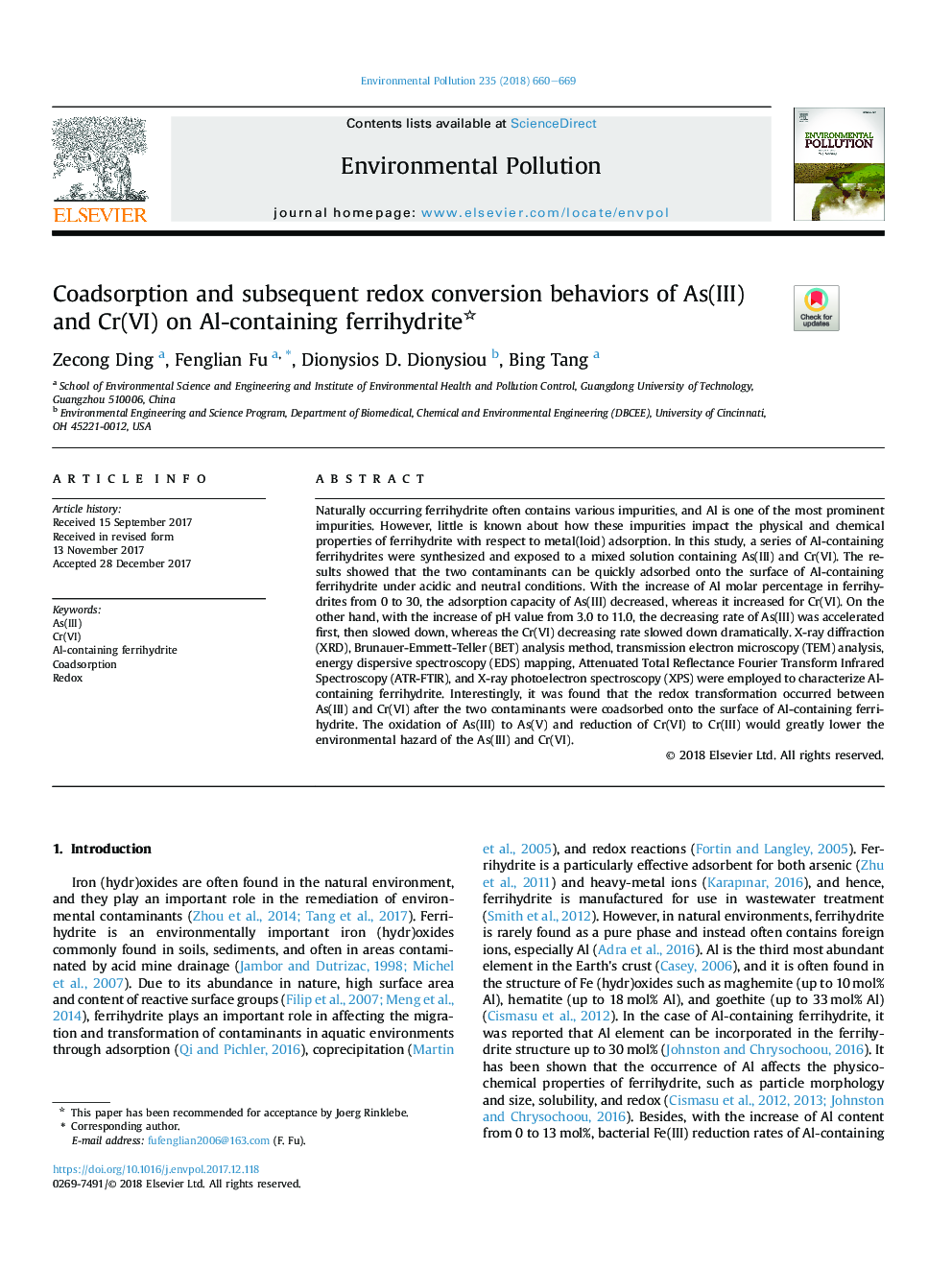 Coadsorption and subsequent redox conversion behaviors of As(III) and Cr(VI) on Al-containing ferrihydrite