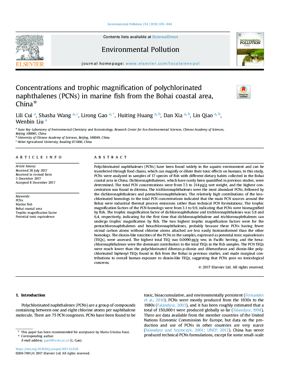 Concentrations and trophic magnification of polychlorinated naphthalenes (PCNs) in marine fish from the Bohai coastal area, China