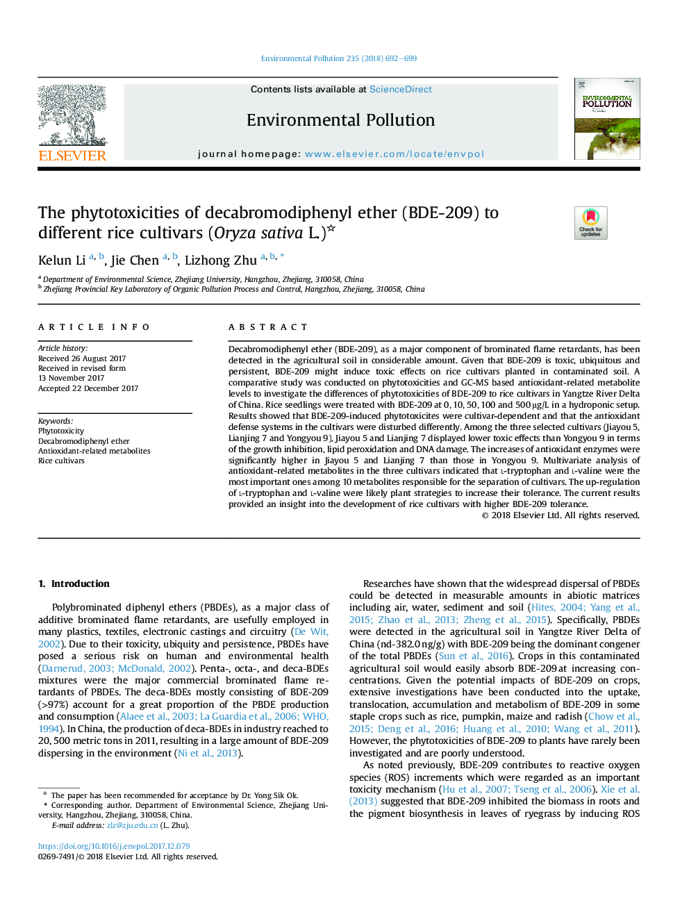 The phytotoxicities of decabromodiphenyl ether (BDE-209) to different rice cultivars (Oryza sativa L.)