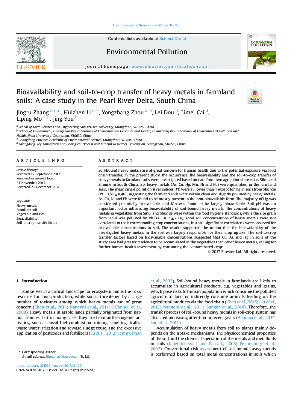 قابلیت دسترسی بیولوژیک و انتقال خاک به محصول فلزات سنگین در خاک های کشاورزی: ​​مطالعه موردی در دلتا رودخانه مروارید، جنوب چین 
