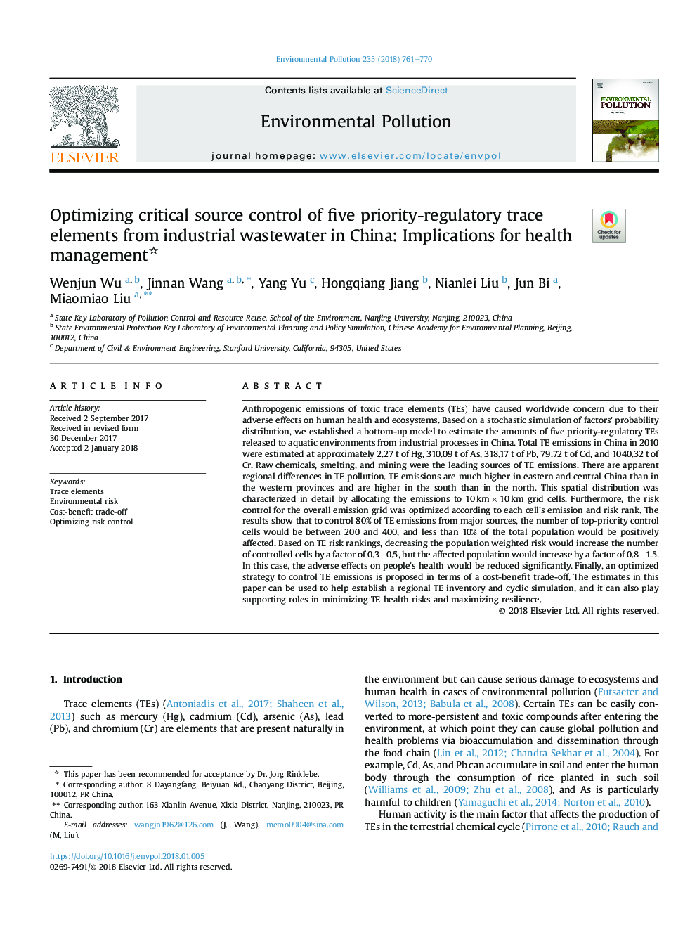 بهینه سازی کنترل منبع بحرانی از پنج عنصر ردیابی اولویت نظارتی از فاضلاب صنعتی در چین: پیامدهای مدیریت سلامت 
