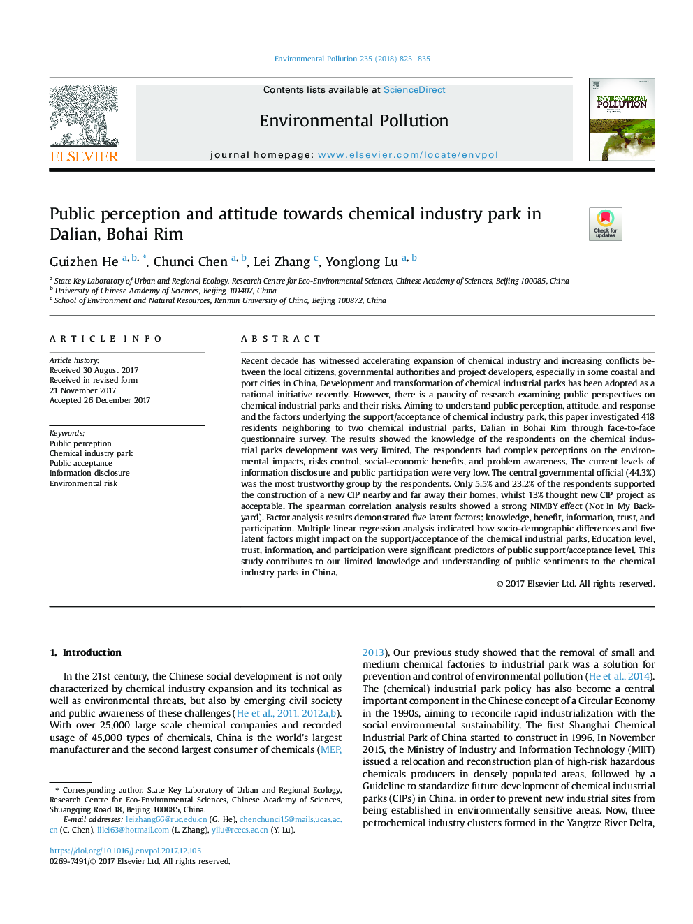 عکس صفحه اول مقاله: Public perception and attitude towards chemical industry park in Dalian, Bohai Rim Public perception and attitude towards chemical industry park in Dalian, Bohai Rim