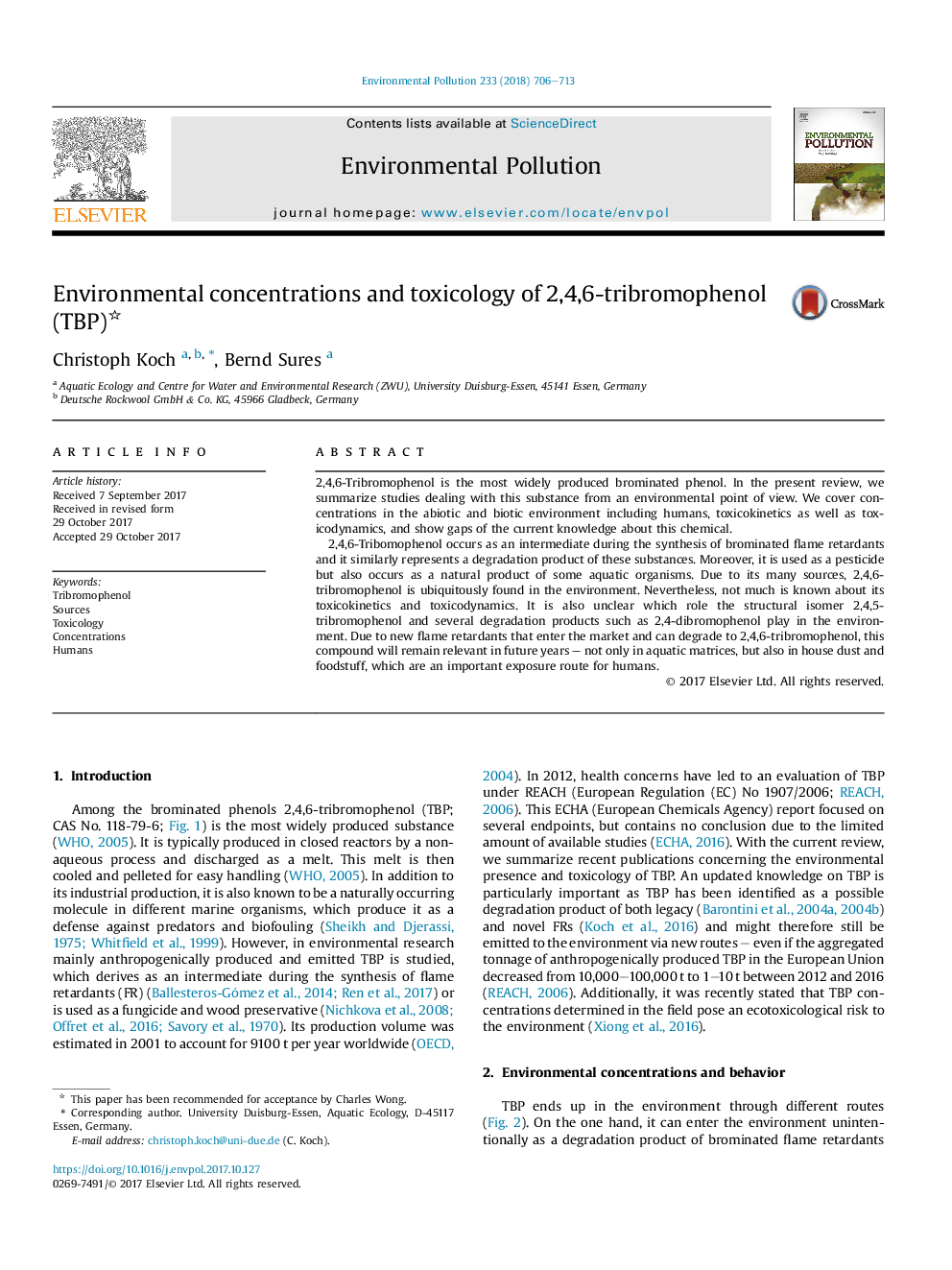 Environmental concentrations and toxicology of 2,4,6-tribromophenol (TBP)