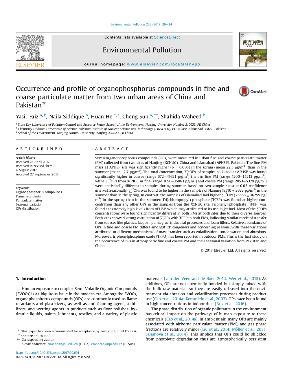 Occurrence and profile of organophosphorus compounds in fine and coarse particulate matter from two urban areas of China and Pakistan