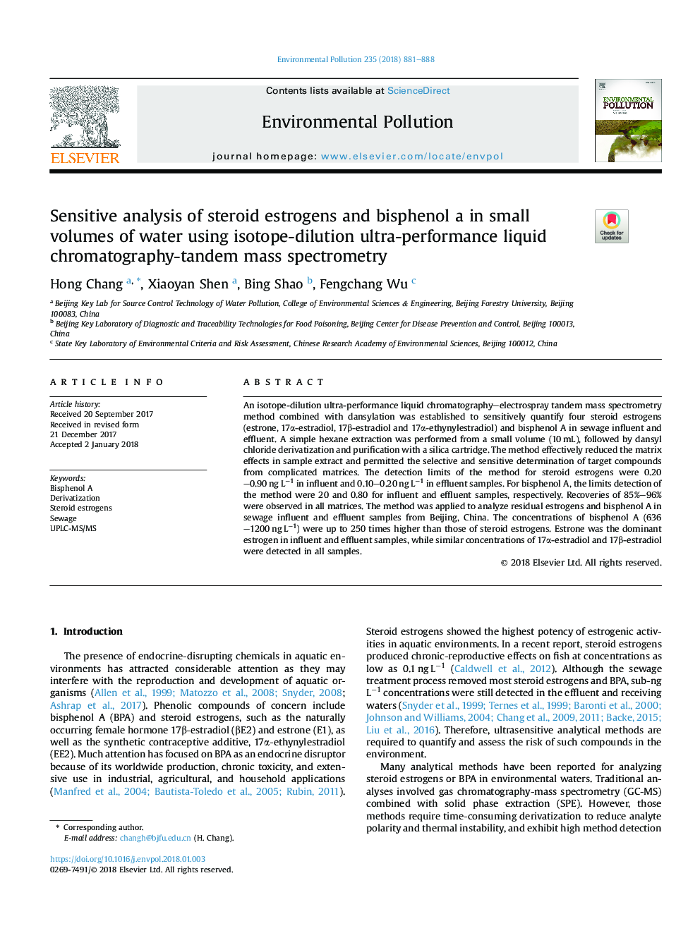 Sensitive analysis of steroid estrogens and bisphenol a in small volumes of water using isotope-dilution ultra-performance liquid chromatography-tandem mass spectrometry