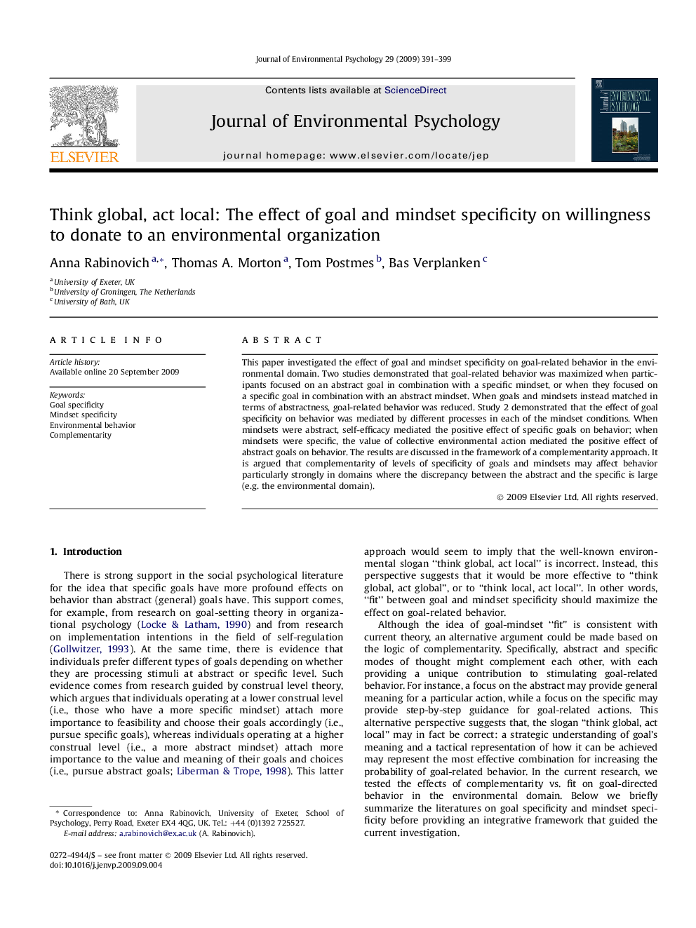 Think global, act local: The effect of goal and mindset specificity on willingness to donate to an environmental organization