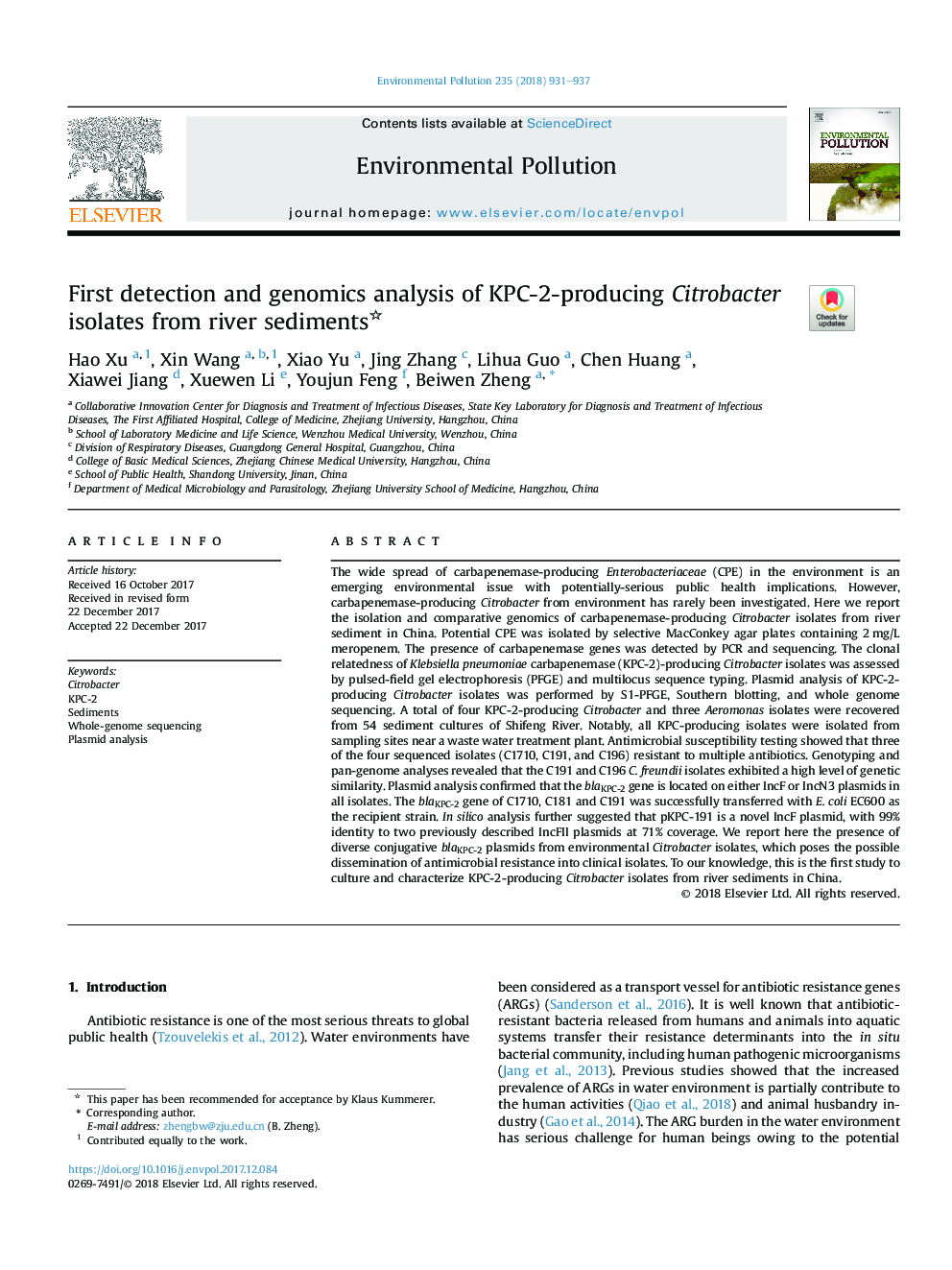 First detection and genomics analysis of KPC-2-producing Citrobacter isolates from river sediments