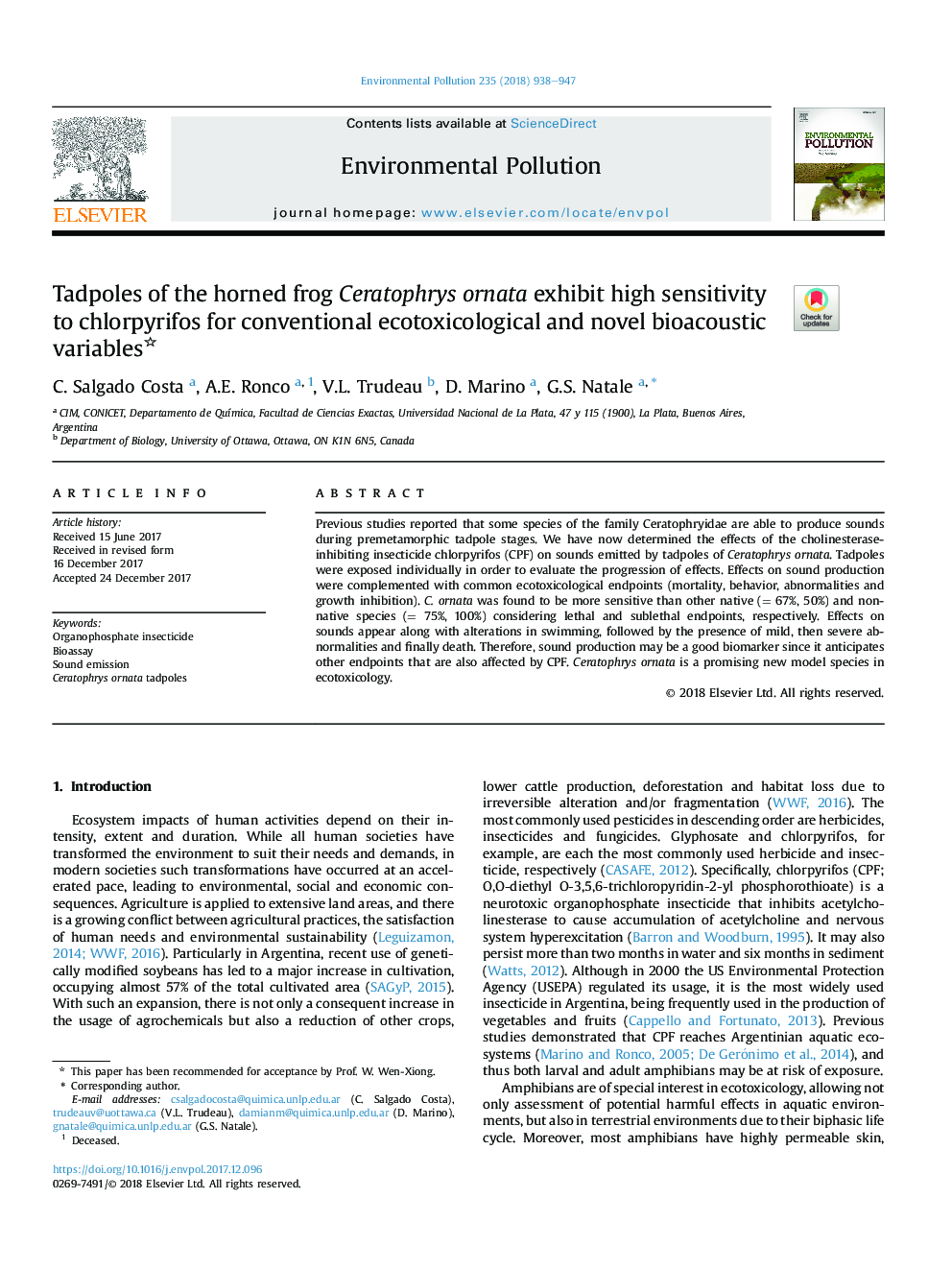 Tadpoles of the horned frog Ceratophrys ornata exhibit high sensitivity to chlorpyrifos for conventional ecotoxicological and novel bioacoustic variables