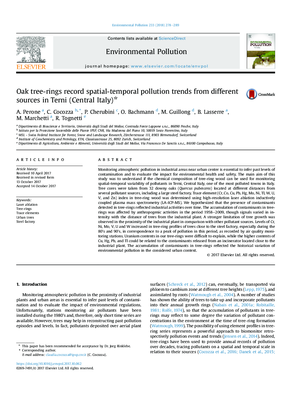 Oak tree-rings record spatial-temporal pollution trends from different sources in Terni (Central Italy)