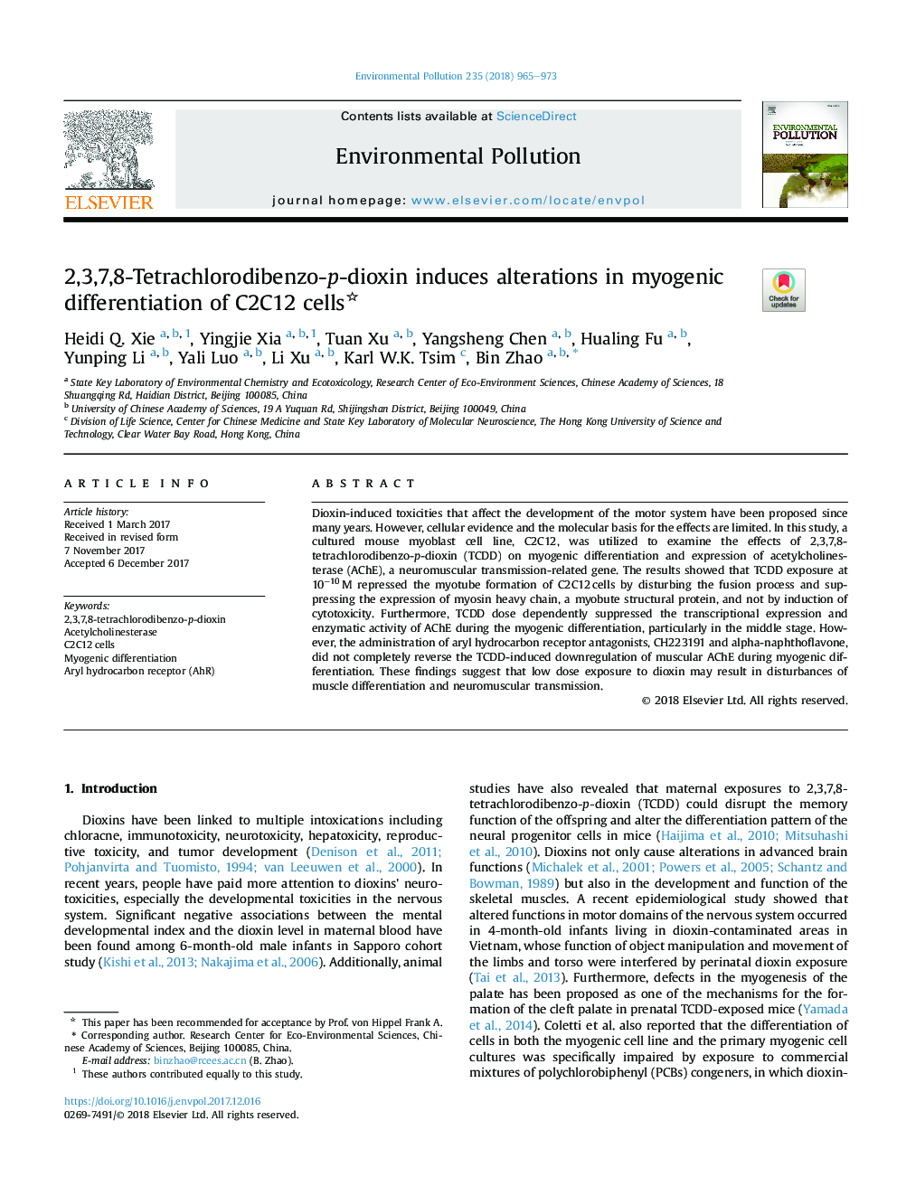 2,3,7,8-Tetrachlorodibenzo-p-dioxin induces alterations in myogenic differentiation of C2C12 cells