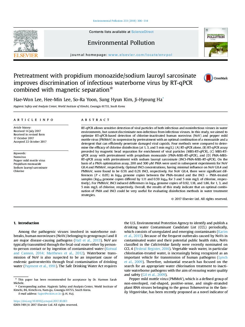 Pretreatment with propidium monoazide/sodium lauroyl sarcosinate improves discrimination of infectious waterborne virus by RT-qPCR combined with magnetic separation