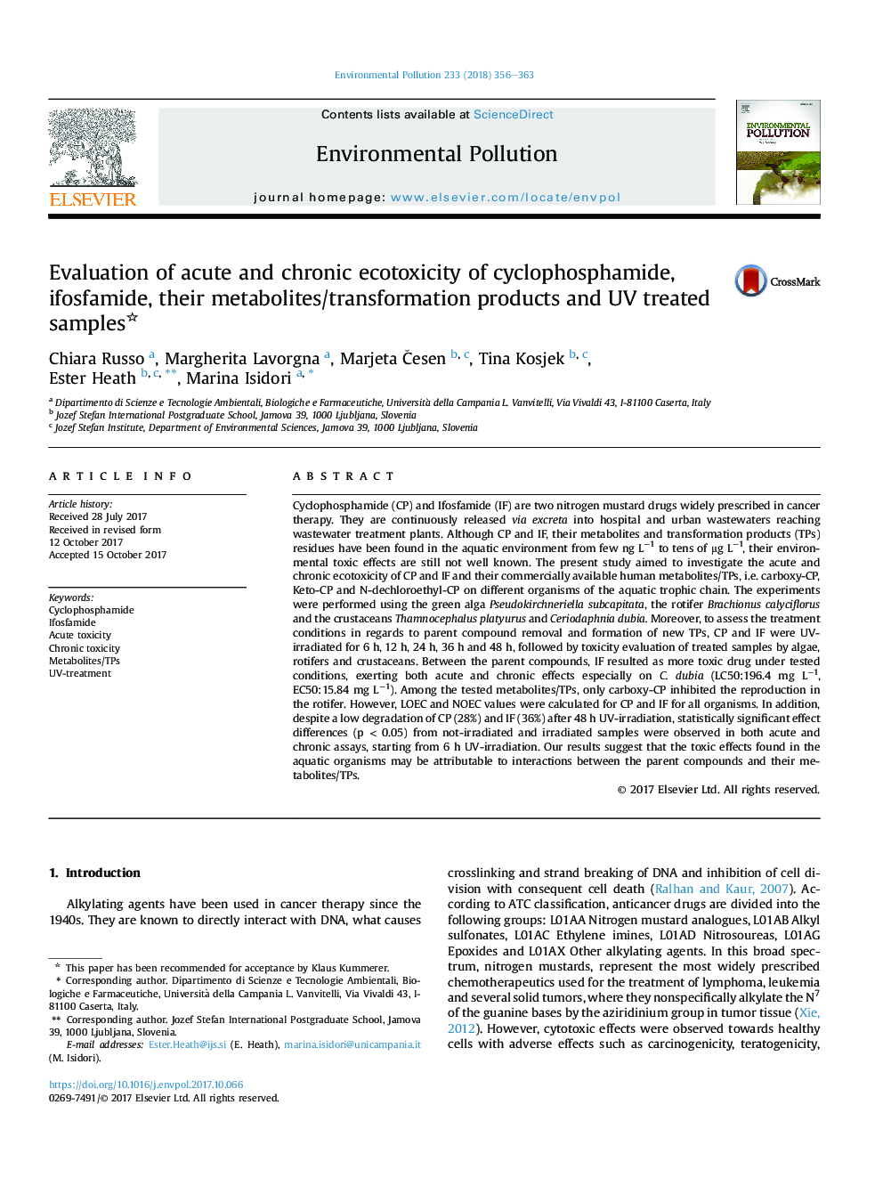 Evaluation of acute and chronic ecotoxicity of cyclophosphamide, ifosfamide, their metabolites/transformation products and UV treated samples