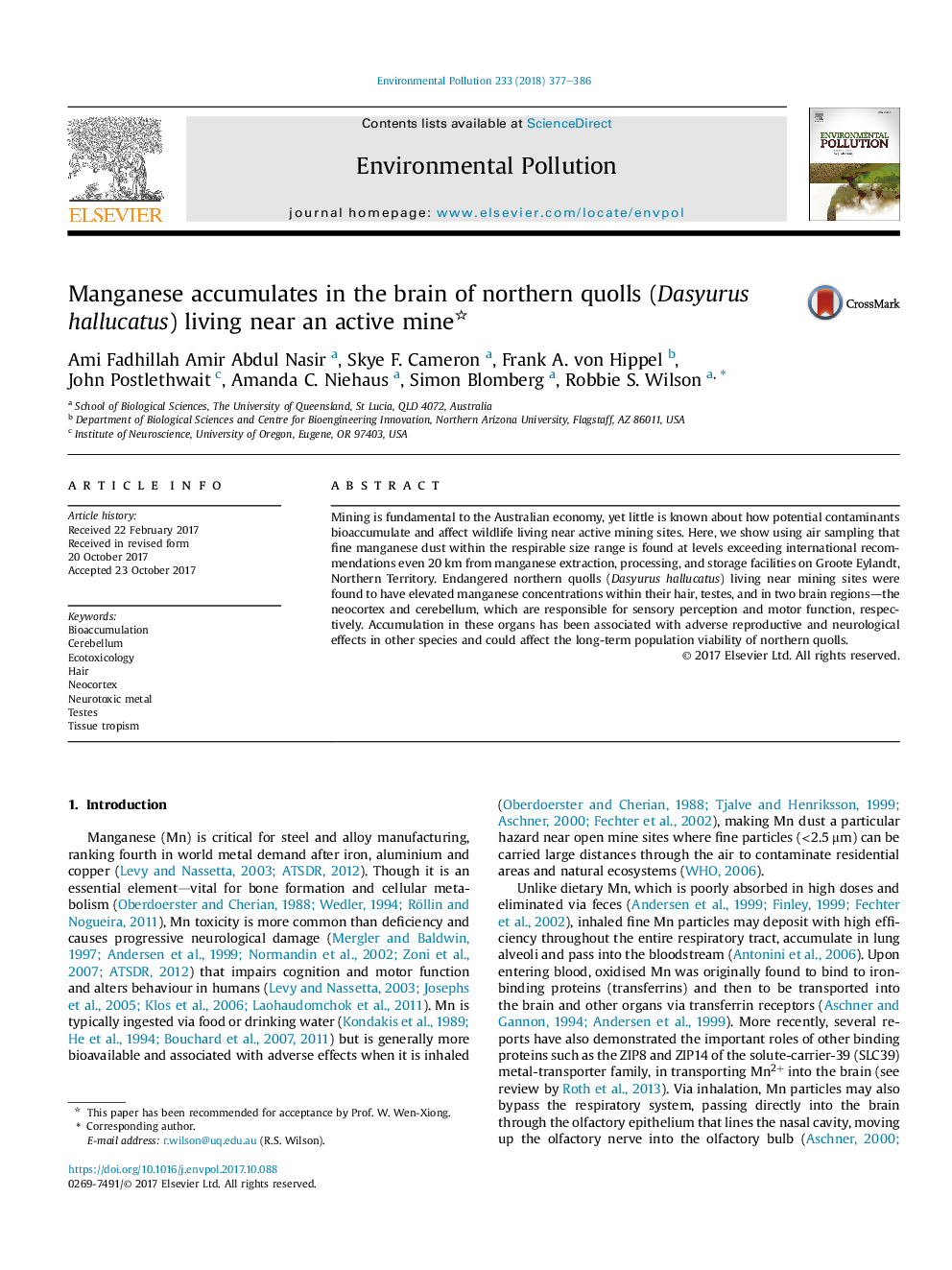 Manganese accumulates in the brain of northern quolls (Dasyurus hallucatus) living near an active mine