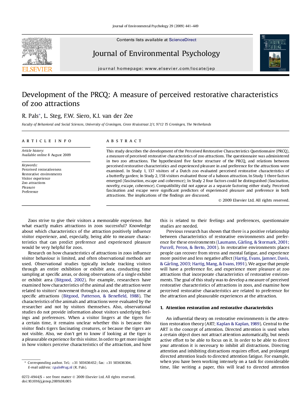 Development of the PRCQ: A measure of perceived restorative characteristics of zoo attractions