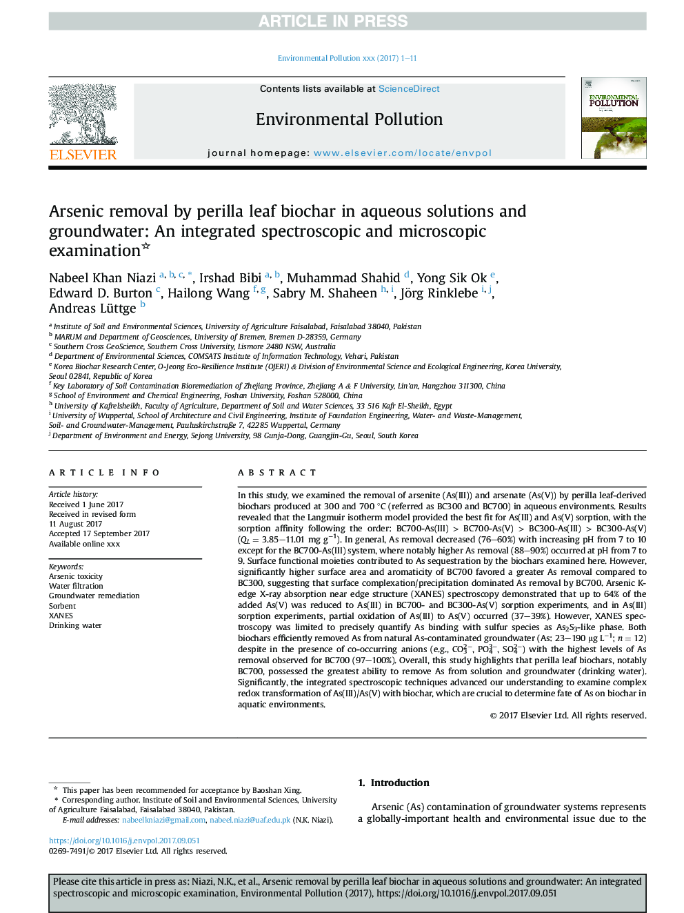 Arsenic removal by perilla leaf biochar in aqueous solutions and groundwater: An integrated spectroscopic and microscopic examination