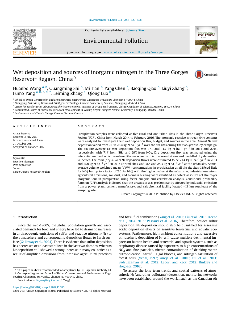 Wet deposition and sources of inorganic nitrogen in the Three Gorges Reservoir Region, China