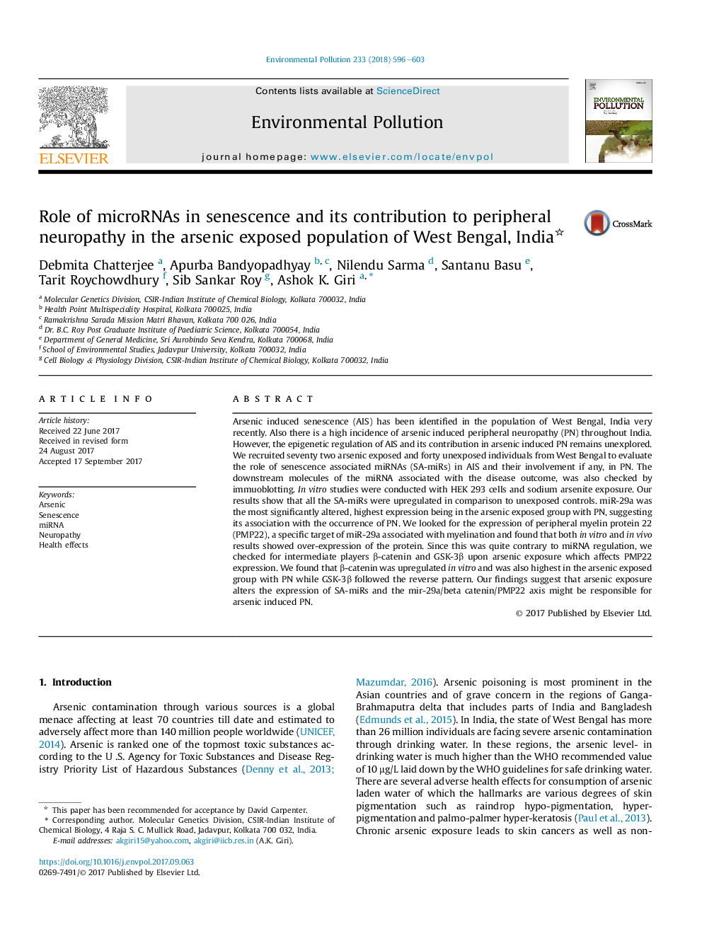 Role of microRNAs in senescence and its contribution to peripheral neuropathy in the arsenic exposed population of West Bengal, India