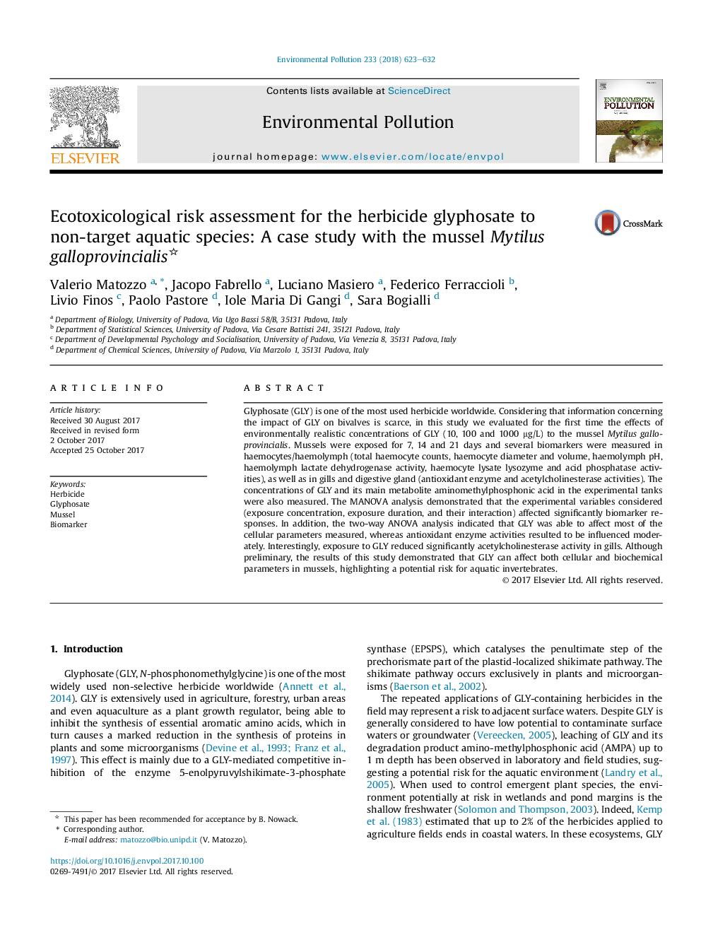 Ecotoxicological risk assessment for the herbicide glyphosate to non-target aquatic species: A case study with the mussel Mytilus galloprovincialis