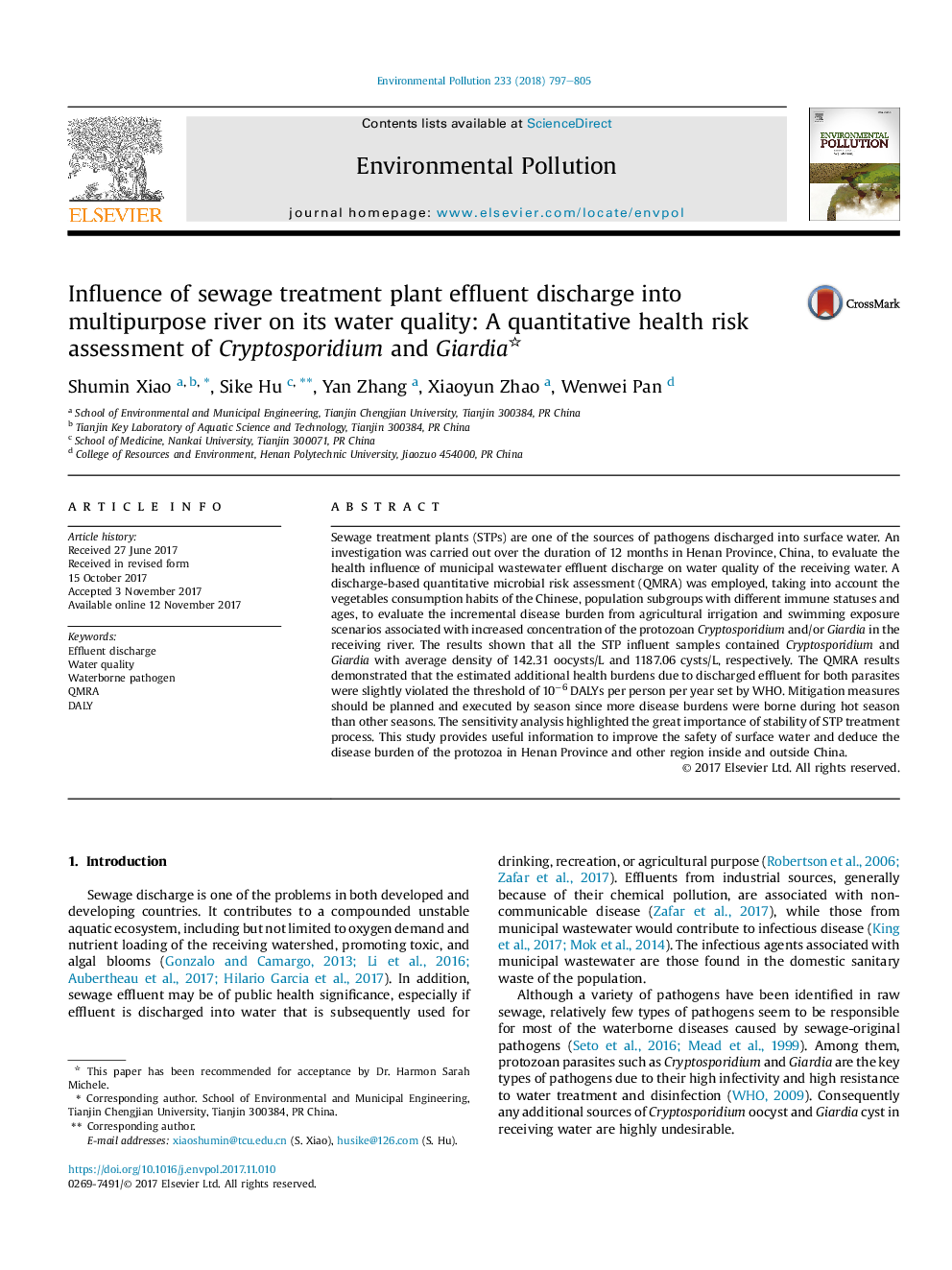 Influence of sewage treatment plant effluent discharge into multipurpose river on its water quality: A quantitative health risk assessment of Cryptosporidium and Giardia