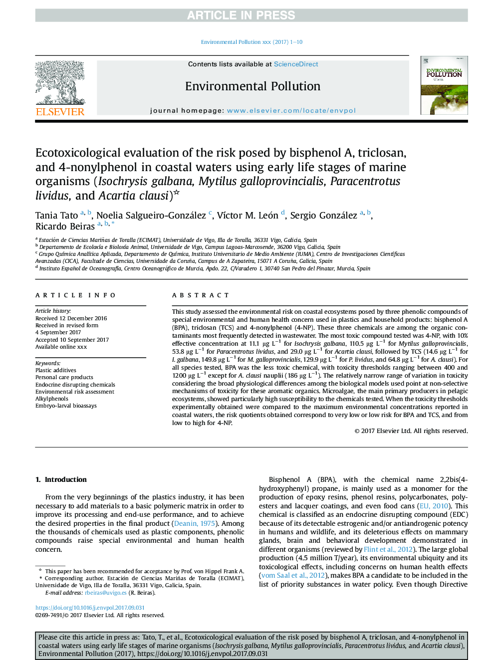 Ecotoxicological evaluation of the risk posed by bisphenol A, triclosan, and 4-nonylphenol in coastal waters using early life stages of marine organisms (Isochrysis galbana, Mytilus galloprovincialis, Paracentrotus lividus, and Acartia clausi)