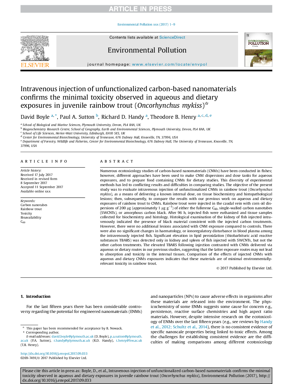 عکس صفحه اول مقاله: Intravenous injection of unfunctionalized carbon-based nanomaterials confirms the minimal toxicity observed in aqueous and dietary exposures in juvenile rainbow trout (Oncorhynchus mykiss) Intravenous injection of unfunctionalized carbon-based nanomaterials confirms the minimal toxicity observed in aqueous and dietary exposures in juvenile rainbow trout (Oncorhynchus mykiss)