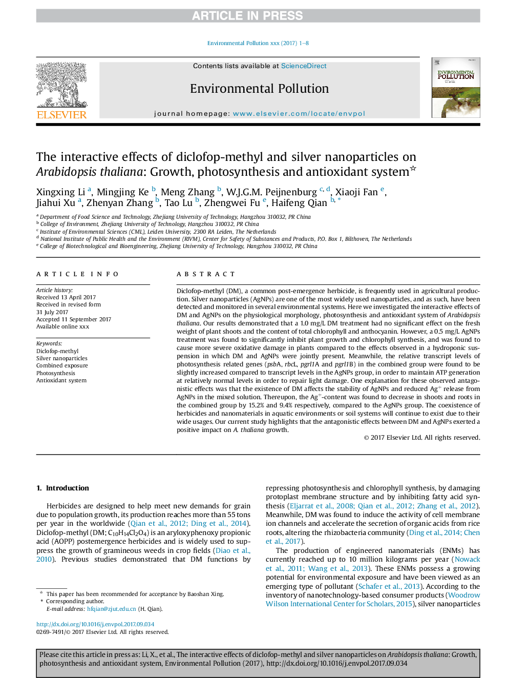 The interactive effects of diclofop-methyl and silver nanoparticles on Arabidopsis thaliana: Growth, photosynthesis and antioxidant system