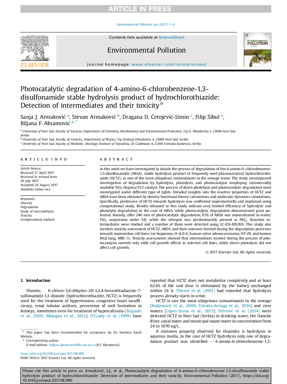 Photocatalytic degradation of 4-amino-6-chlorobenzene-1,3-disulfonamide stable hydrolysis product of hydrochlorothiazide: Detection of intermediates and their toxicity