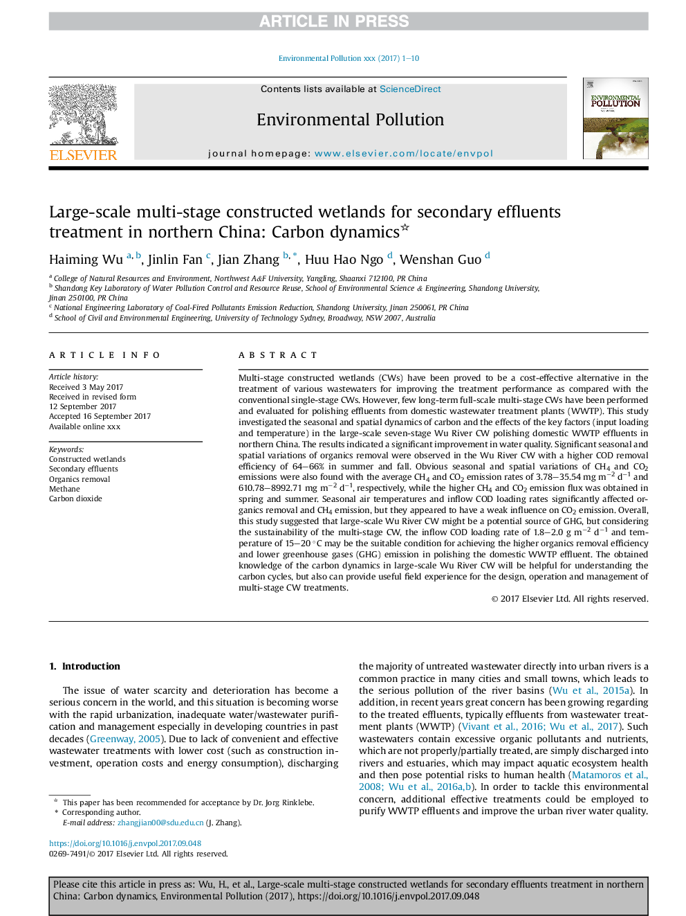 Large-scale multi-stage constructed wetlands for secondary effluents treatment in northern China: Carbon dynamics