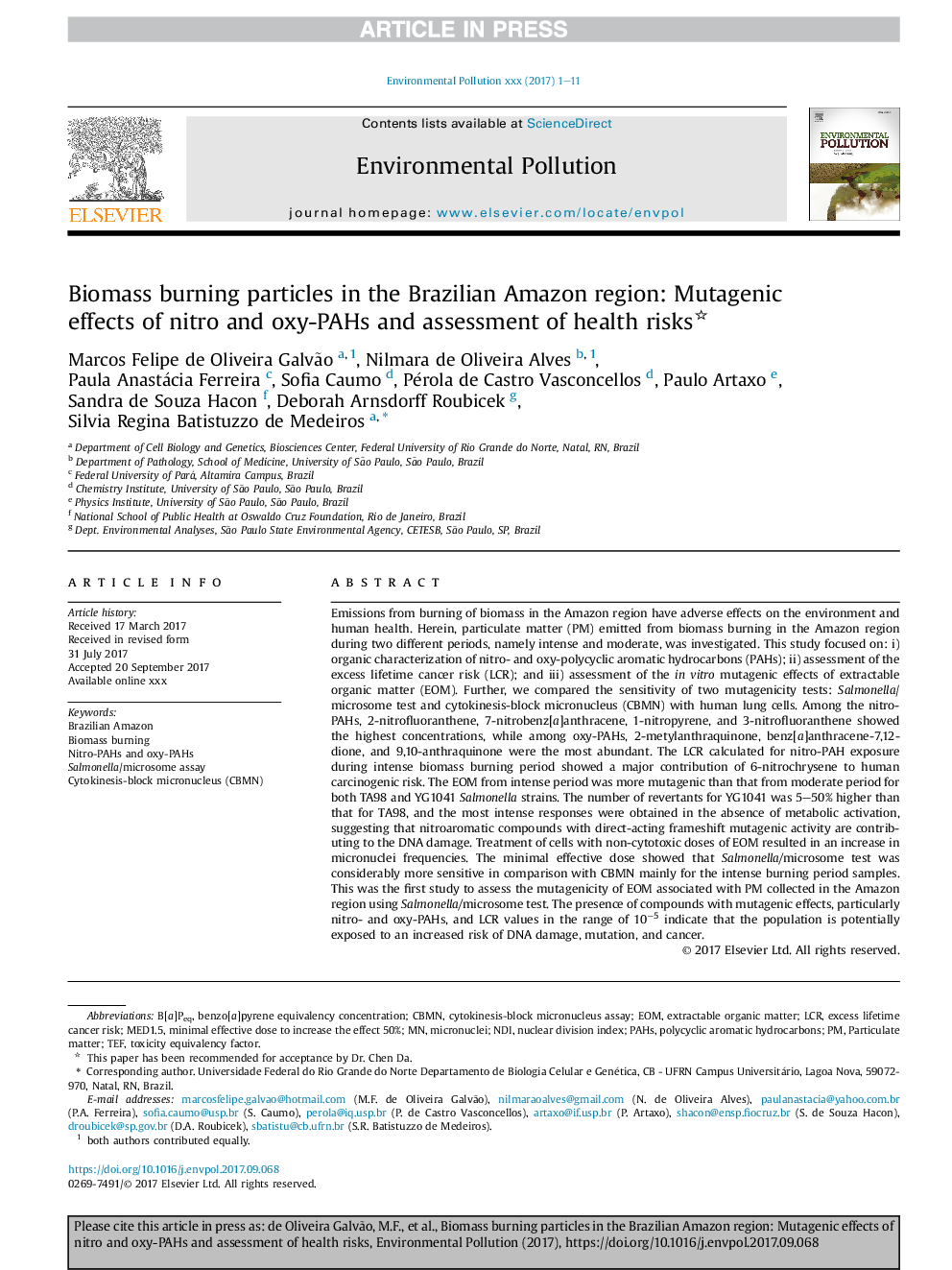 Biomass burning particles in the Brazilian Amazon region: Mutagenic effects of nitro and oxy-PAHs and assessment of health risks