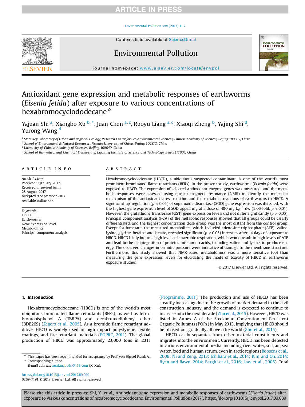 Antioxidant gene expression and metabolic responses of earthworms (Eisenia fetida) after exposure to various concentrations of hexabromocyclododecane