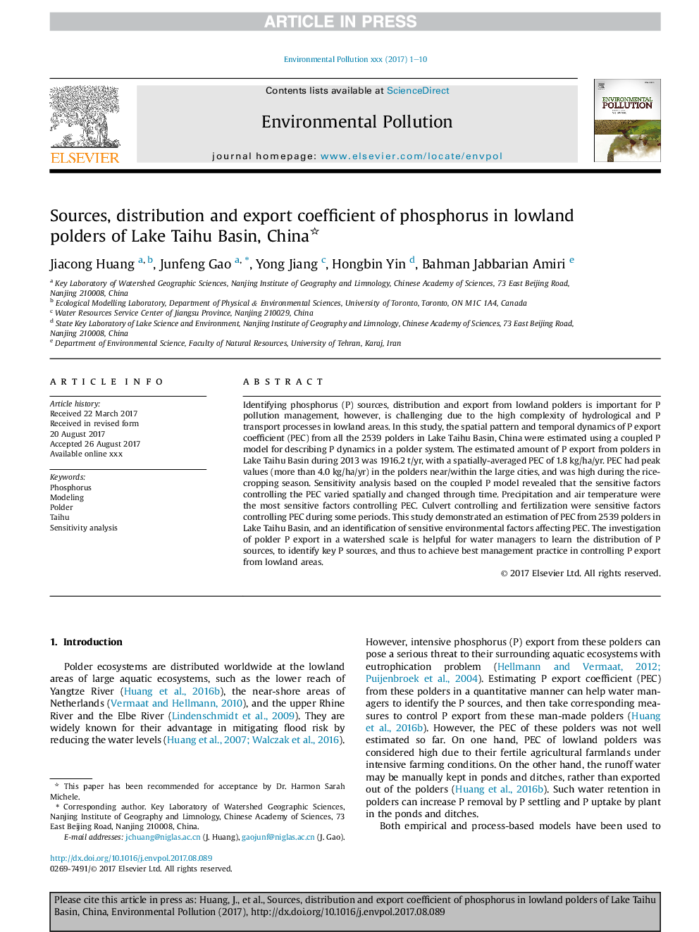 Sources, distribution and export coefficient of phosphorus in lowland polders of Lake Taihu Basin, China