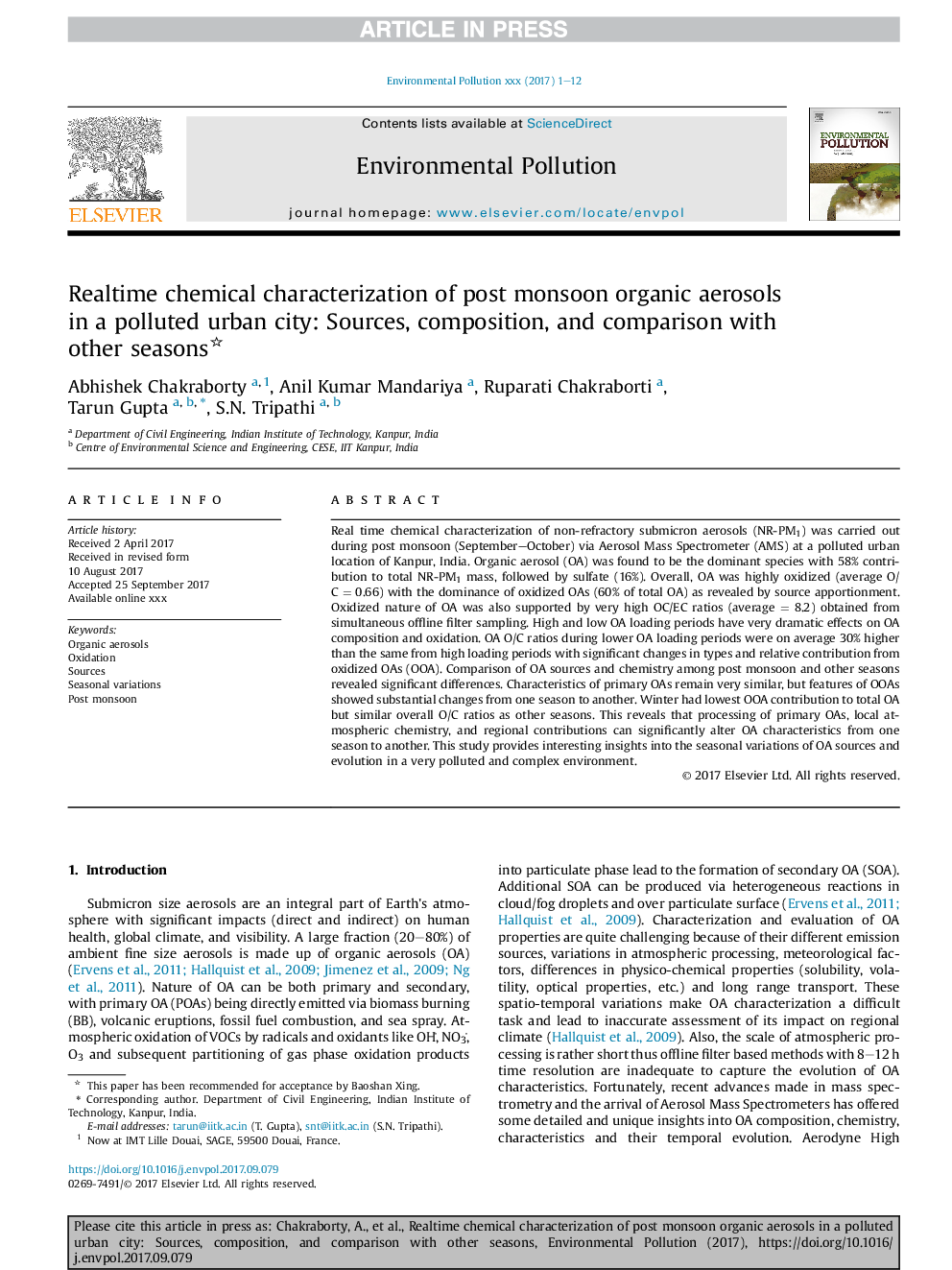 Realtime chemical characterization of post monsoon organic aerosols in a polluted urban city: Sources, composition, and comparison with other seasons